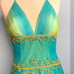 Size 8 Full Skirt, Hand Embroidered, Teal Overlay With Yellow Underskirt. Worn Once To A Gala. Full Skirt, Evening Gown, Festival Bra, Red Yellow, Evening Gowns, Hand Embroidered, Prom Dresses, Prom, Womens Sizes