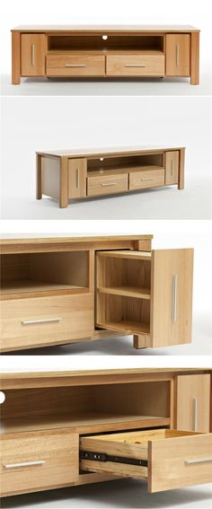 three different views of an entertainment center with drawers and cupboards on each side,