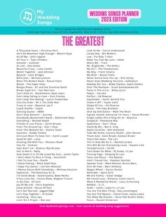 the greatest wedding song list is shown in pink and blue, with white letters on it