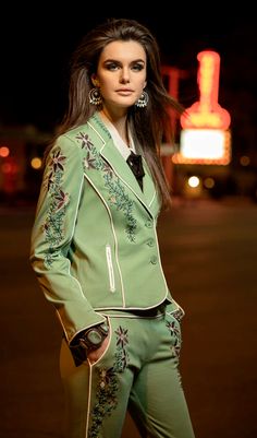 Women's Bespoke 2Pc Palm Green Cotton Embroidered Pant Suit Wedding Party Outfit | eBay Americana Photoshoot, Pant Suit Wedding, Mexican Aesthetic, Yoke Shirt, Americana Aesthetic, Cowgirl Couture, Midnight Cowboy, Palm Green, Modus Operandi