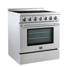 a stainless steel oven with four burners