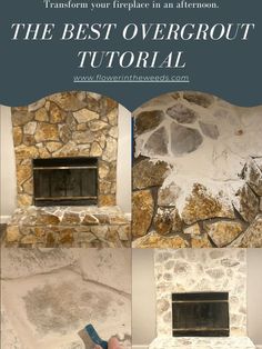 the fireplace is made out of stone and has been painted white