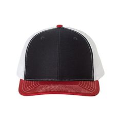 a black and red hat with white mesh on the front, one side is shown