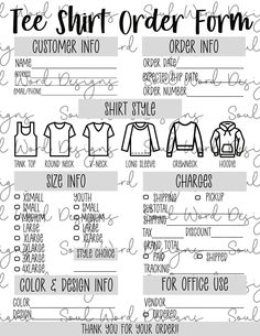 the shirt order form is shown in black and white, with handwritten instructions to make it