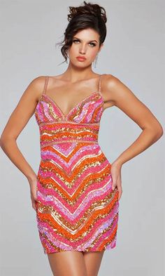 Jovani 39903 - V-Neck Empire Waist Cocktail Dress Cocktail Dresses 00 / Orange/ Multi Sophisticated Cocktail Dress, Cute Hoco Dresses, Fitted Party Dress, Junior Party Dresses, Empire Silhouette, Embellished Cocktail Dress, Hoco Dress, Beaded Cocktail Dress, Short Homecoming Dress