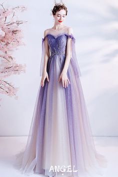 10% off now|Buy fantasy bling purple tulle long prom dress with strappy straps at wholesale price online. Free shipping and pro custom service since 2009. Purple Reception Dress, Purple Prom Dresses Short, Purple Fantasy Dress, Purple Gowns Dresses, Prom Dresses Purple, Fancy Maxi Dress, Purple Prom Dresses, Fairy Prom Dress, Tulle Long Prom Dress