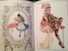 an open book with pictures of women in fancy clothes and flamingos on it's pages