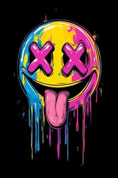 a smiley face painted in pink, blue and yellow with the word x on it