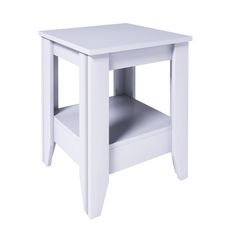 a white end table with one shelf on the bottom and one drawer on the top