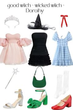 four different types of clothes and shoes with words that say, good witch - wicked witch