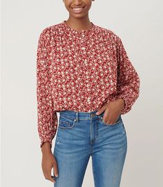 Floral Ruffle Trim Blouse | LOFT Casual Flowy Blouse With Smocked Cuffs, Chic Flowy Rayon Peasant Top, Spring Rayon Blouse With Blouson Sleeves, Flowy Long Sleeve Rayon Peasant Top, Chic Long Sleeve Rayon Peasant Top, Casual Ruffled Viscose Blouse, Casual Billowy Blouse With Floral Print, Fall Rayon Blouse With Relaxed Fit, Trendy Long Sleeve Rayon Blouse