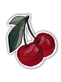 two cherries with green leaves sticker on the side of a white background,