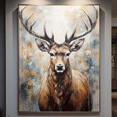 a painting of a deer with large antlers on it's head is shown