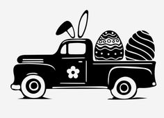 an old pickup truck with easter eggs in the bed, black and white silhouettes