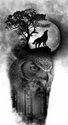 an owl with a wolf on top of it's head in front of a full moon