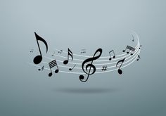 music notes are flying in the air on a gray background with black and white lines