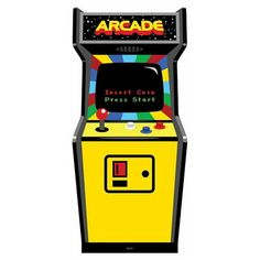 an arcade machine that is yellow and has the words arcade on it's screen