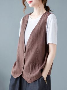 Simple Loose V-Neck Solid Color Vest LIGHT GRAY-XL Coffee Black, Cotton Vest, Color Coffee, Beauty Expert, Cardigan Tops, Vest Top, Cardigan Coat, One Piece Swimwear, Black Light