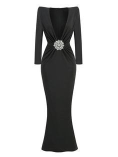 Trend4us Deep Plunge Black Maxi Evening Gown Black V Neck Dress, Embellished Maxi Dress, Black Maxi, Black Rhinestone, 5 S, Black Maxi Dress, V Neck Dress, Deep V, Hip Length