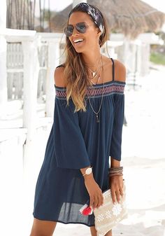 Embroidered Off Shoulder Dress from LASCANA Black Beach Dress, Cheap Fashion Dresses, Three Quarter Sleeve Dresses, Boho Beach Dress, Beach Mini Dress, Embroidered Neckline, Beachwear For Women, Beach Dresses, Beach Dress