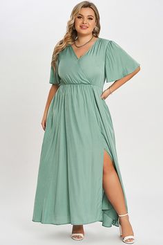 Plus Size Sage Green Dress, Solid Color Flutter Sleeve Dress For Day Out, Flowy Solid Color Maxi Dress For Brunch, Spring Midi Dress With Flutter Sleeves In Solid Color, Solid Summer Dress With Butterfly Sleeves, Solid Color Flutter Sleeve Dress For Brunch, Solid Color Maxi Dress With Surplice Neckline For Spring, Short Sleeve Solid Color Maxi Dress For Brunch, Spring Maxi Dress With Flutter Sleeves