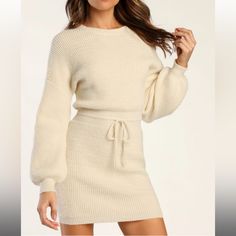 We're Always Ready For Cooler Temps If It Means We Get To Wear The Lulus Flirting With Fall Cream Drawstring Mini Sweater Dress! Soft, Medium Weight Sweater Knit Shapes This Chic And Comfortable Dress That Has A Rounded Neckline And Long Balloon Sleeves With Fitted Cuffs. Drawstring Waist Creates A Blousy Effect, Atop A Stylish Skirt That Finishes At A Mini Hem. Unlined. 42% Acrylic, 30% Polyester, 28% Nylon. Hand Wash Cold. Do Not Bleach. Line Dry. Iron Low Heat. Imported. Style 1956796 Ruffle Bodycon Dress, Fall Sweater Dress, Midi Skater Dress, Mini Sweater, Lulu Fashion, Stylish Skirts, Party Dress Long Sleeve, Women Long Sleeve Dress, Red Lace Dress