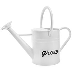 a white watering can with the word grow written on it and a handle attached to it