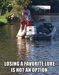 a man sitting on top of a boat in the water with caption that reads, can you see any fish?