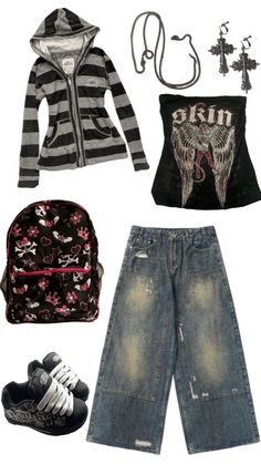 #outfitinspo #y2k #mcbling #skater #oufit #grunge #y2kgrunge Aesthetic Skater Outfits, Skater Outfits Aesthetic, Grunge Skater Outfits, Skater Grunge Outfits, Grungy Outfit, Emo Outfit Ideas, Aesthetic Skater, Skater Outfit, Era Outfits