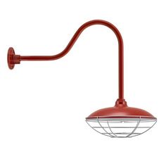 a red wall mounted light with a wire attached to the back of it's arm