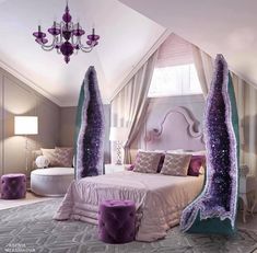 a bedroom with purple and white decor in the corner, along with chandelier