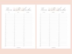 the three month calendar is shown in two different font styles, with pink and gold ink