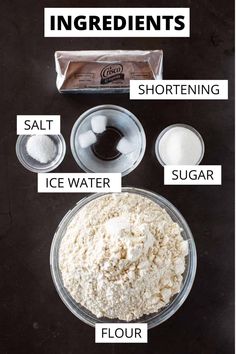 ingredients needed to make an ice cream cake on a black background with text overlay