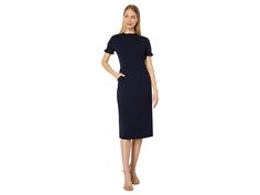 Maggy London Ruffle Sheath Dress - Women's Dress : Twilight Navy : If you wish to add an extra element of feminine flair to your style, turn to the elegant and charming Maggy London Ruffle Sheath Dress. Figure-skimming sheath silhouette. Stretch crepe fabrication. Jewel neckline and short sleeves. Crisp ruffles on the neckline and the sleeve ends. Zippered back closure. Two functional pockets on the skirt. Hits below the knee. 96% polyester, 4% spandex. Machine wash, dry flat. Imported. Measurem Jewel Neckline, Maggy London, Stretch Crepe, Sheath Dress, The Knee, Ruffles, Calvin Klein, Women's Dress, Short Sleeves