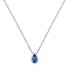 A single round pear-shaped traditional sapphire  approximately .21 carat total weight  is the center of attention in this stunning teardrop design. This contemporary and artistic pendant measures 1/8-inch-long and is crafted from quality 14 karat white gold. This beautiful pendant hangs from a matching 20-inch adjustable Singapore chain. Teardrop Sapphire Necklace In Fine Jewelry Style, White Gold Sapphire Teardrop Pendant Necklace, White Gold Sapphire Teardrop Necklace, Teardrop Sapphire Jewelry With Diamond Cut, Fine Jewelry Sapphire Teardrop Necklace, Elegant Sapphire Teardrop Necklace, Formal Sapphire Teardrop Pendant Necklace, Elegant Teardrop Sapphire Necklaces, Elegant Teardrop Sapphire Necklace