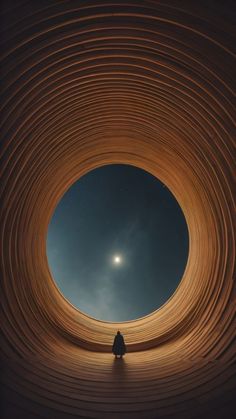 a person is sitting in the middle of a circular structure with an open sky background