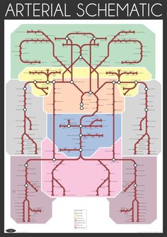 the subway map is shown in red and blue, with different lines on each side