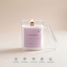 a candle with a label on it sitting in front of a white background that says lavender