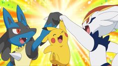 the pokemon characters are dancing together in front of bright lights and stars, with their mouths open