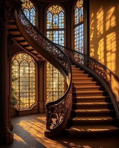 a spiral staircase in front of two large windows