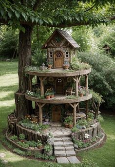 a tree house built into the side of a tree in a yard with steps leading up to it