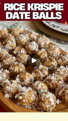 rice krispie date balls on a wooden platter