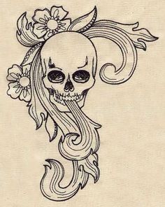 a drawing of a skull with long hair and flowers on it's head, in black ink