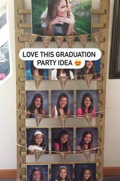 a graduation party photo display with pictures and words on the front, hanging from clothes pegs