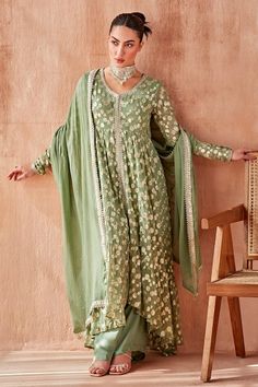 Sage green anarkali with gold lace trims. Paired with a pant and embroidered dupatta. - Aza Fashions Sage Green Anarkali, Green Anarkali, Embroidered Dupatta, Lace Neckline, Lace Trims, Gold Lace, Pants Pattern, Pant Set, Embroidered Lace