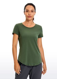 Pima Cotton collection is super soft and feels great against your skin. This classical style of T-shirt, both beautiful and useful. Hip-length hem gives you extra coverage. Feature & Fitting: 
 Pima Cotton collection 
 Design for yoga 
 Loose Fit for move freely 
 Round neck and long hem 
 Fabric: 
 Super soft and skin-friendly 
 Naturally breathable 
 Lightweight and stretchy 
 92% Pima cotton,8% Spandex 
 SKU : R748 .Easy reach by searching the SKU Casual Short Sleeve Tops For Pilates, Comfortable Solid Tops For Yoga, Comfortable Green Tops, Comfortable Green Tops For Relaxation, Comfortable Short Sleeve Tops, Solid Scoop Neck Top For Pilates, Solid Color Short Sleeve T-shirt For Yoga, Short Sleeve T-shirt For Yoga, Green Scoop Neck Top For Yoga