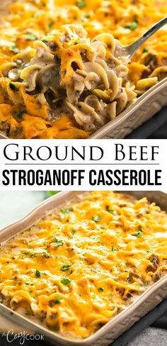 ground beef stroganoni casserole in a baking dish