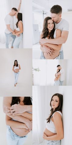 a couple cuddles while posing for their engagement photos