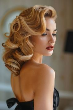 Gatsby Women Hairstyle, Vintage Wave Updo, Hollywood Waves Hair Accessories, 1950s Wedding Makeup, Vintage Bombshell Hair, Vintage Hair Medium Length, Hollywood Glam Hair And Makeup, Retro Hair Updo, Grease Inspired Hairstyles