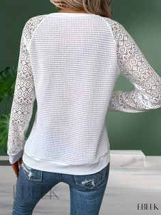 Ebeek - Exquisite Cutout Lace Stitching Crew Neck T-Shirt: Fashionable Long Sleeve Top for Spring & Fall, Womens Apparel Fall Care, Womens Apparel, Lace Pattern, Spring And Fall, Long Sleeve Top, Neck T Shirt, Knit Fabric, Collar Styles, Long Sleeve Tops